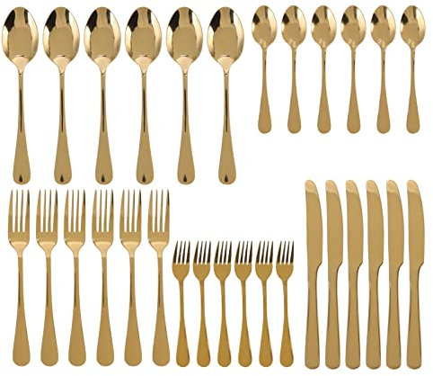 Juego de cubiertos dorados acabado de espejo de acero inoxidable juego de cubiertos de 30 piezas para una fiesta de restaurantes en casa elegante juego de cubiertas doradas