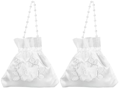 craspire 2 x Braut Geldbeutel Weiß Braut Handtasche Seidensatin 3D Blumen Florale Spitze Verziert Kordelzug Geldbörse Beutel Tasche Mit Kunststoffperlenkette Für Hochzeitsgeschenk Party Dollar Tanz