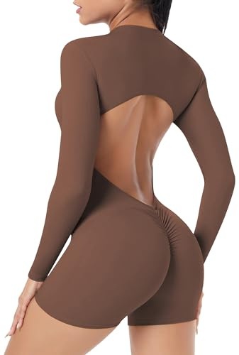SEAUR Sport Jumpsuit Damen Kurz Eng Yoga Overall Scrunch Butt Rückenfrei Bodysuit Einteiler Strampler Bodycon Zip Gym Fitness Jogging