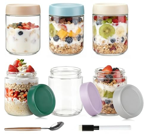 1ZIZIFA8 500 ml Glass Mason Jars with Leak-proof Lids, 6 Pack 16 oz Glass Overnight Oats Container,Storage Jars for Breakfast, Yogurt Mason Jar for Fruit, Pudding, Salad, Jam Set of 6