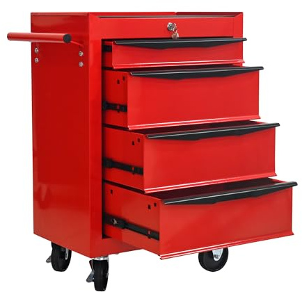 Cassettiera portautensili con 4 cassetti, con ruote bloccabili e cassetti con cuscinetti a sfera, armadietti per attrezzi in metallo su ruote, per garage, officina, magazzini, officine, officine