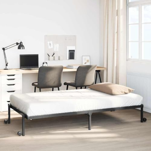 Holamys Bettgestell klappbar Schwarz 90x200 cm, Stahlrahmen mit Rollen, platzsparendes Gästebett für Schlafzimmer, Robustes Bed Frame