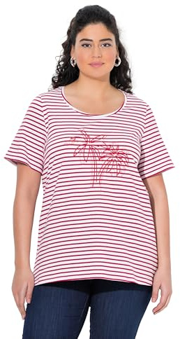 Ulla Popken Damen große Größen Übergrößen Plus Size T-Shirt, Ringel, Palmenstickerei, Rundhals, Halbarm dunkle Himbeere 58+ 829196530-58+