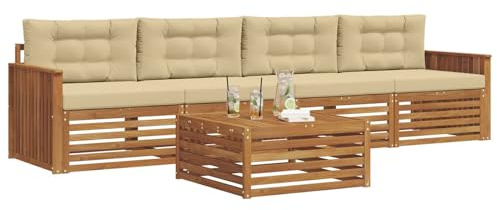 vidaXL Outdoor-Sofagarnitur mit Kissen 5 pcs Natur und Beige, Gartenlounge, modernes Outdoor-Sofa, Sitzmöbel für die Terrasse, langlebige Komfort-Einheit
