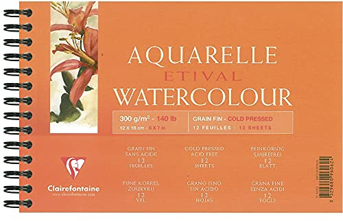 Clairefontaine - Ref 96062C - Etival Cold Pressed Wirebound Watercolour Painting & Drawing Pad (12 Sheets of Paper) - 12 x 18cm - 300gsm Cellulose Art Paper