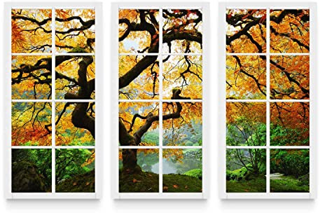 Startonight Bilder Maple Fenster, Leinwandbilder Moderne Kunst, Bäume Gerahmt Große Satz von 3 Teile 120 x 180 cm, Tag Nacht Effekt, Elegante Geschenkidee Wand Deko