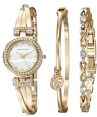 Anne Klein Women's Premium Crystal Accented Bangle Watch and Bracelet Set Gold