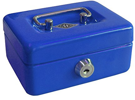 Wedo 144003 Kindergeldkassette Spardose (mit Einwurfschlitz, 5-Fächer-Münzeinsatz, Sicherheitsschloss, aus Stahlblech, 2 Schlüssel) blau