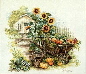 Wheelbarrow and Sunflowers, 27 count Fabric Cross Stitch Kit