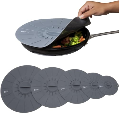 Basic Haus Microwave Cover Silicone Lids - Set of 5: 6, 8, 10, 12 and 13.8 inches - Suction Covers for Pots, Pans, Bowls, Cups, Skillets - Splatter Protection - Easy Food Storage - BPA Free