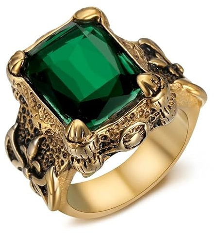 BOBIJOO Jewelry - Grosse bague Chevalière Royaliste Templier Homme Acier inoxydable Or Noir Émeraude Vert Fleur de Lys - 63 (10 US)