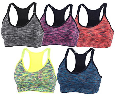 xcylive Women 5 Pack Adjustable Straps and Removable Pads Tank Top Seamless Racerback Sports Bra, 5 Pack(blue+red+green+purple+gray), XL
