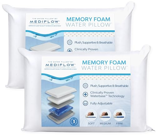 Mediflow Water Pillow with Memory Foam — Adjustable Waterbase; One-Piece Foam; Clinically Shown to Reduce Neck Pain; Deep, Uninterrupted Sleep; Side/Back/Stomach Sleepers, Standard/Queen (Twin Pack)