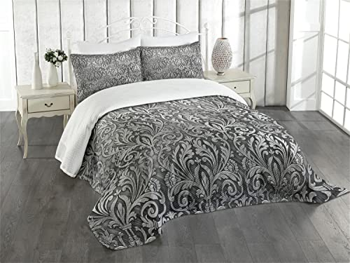 ABAKUHAUS Damask Tagesdecke Set, Klassische Blumenverzierung, Set mit Kissenbezügen Waschbar, für Einzelbetten 170 x 220 cm,Schwarz Grau