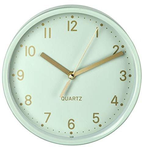 Hama analoge Wanduhr inkl. Batterie (geräuscharme Uhr ohne Ticken, batteriebetriebene Tischuhr mit Standfuß und schleichendem Sekundenzeiger, zum Hängen und Stellen, 16 cm rund) Mint, Gold