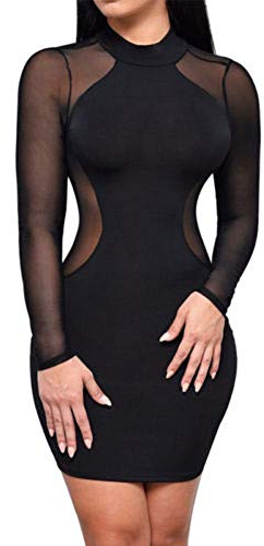 Loalirando - Vestido de lápiz para mujer, transparente, sexy, bodycon minivestido de manga larga, fiesta de noche, clubbing chic