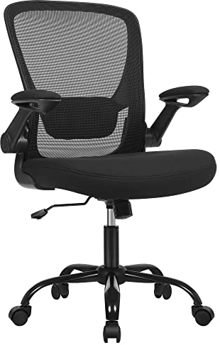 SONGMICS Office Chair, Desk Chair with Mesh Back, Ergonomic Computer Chair, with Adjustable Lumbar Support Cushion, Rocking Function, 53 cm Wide Seat, Flip-Up Armrests, Black OBN37BKUK