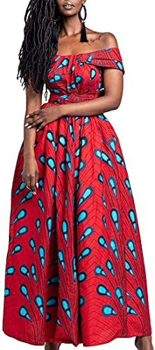 OLIPHEE Robe Femme Imprimer lâche Grande Taille Afrique sans Manches Une épaule De Multiples Façons De Porter(XL, Plume Bleue sur Fond Rouge)