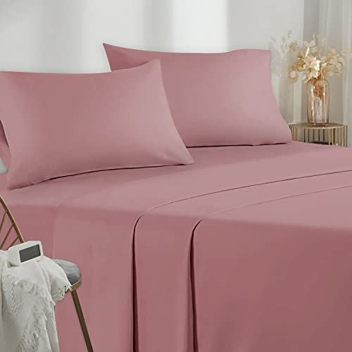 Poligino Parure De Lit 135x190/200 4 Pièces en Microfibre - Drap Housse 135x200 cm - Drap Plat 2 Personne 220x280 cm - 2 Taie d'oreiller 50x80 - Haute Qualité -Rose foncé