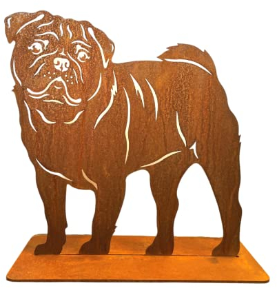 Terma Stahldesign Rost Hund Mops Lebensgroß Handmade Germany tolle Gartendeko aus Metall Figur deko Geschenk Rostfigur Garten deko Gartenfigur, hundegrab deko