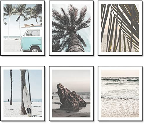 Beach Wall Art Prints Set of 6 Canvas Art Wall Artwork Landscape Coastal Surf Poster Palm Tree Pictures Photo Paintings on Canvas for Home Decorations Room Wall Decor (8x10 UNFRAMED)