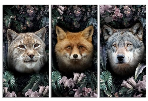decomonkey - Impression sur Toile Animau Abstrait 120x80 3 Pièces - Tableau Décoration Appartement Déco Salon Lynx renard écailles forêt loups feuilles plantes animaux triptyque fleurs chats