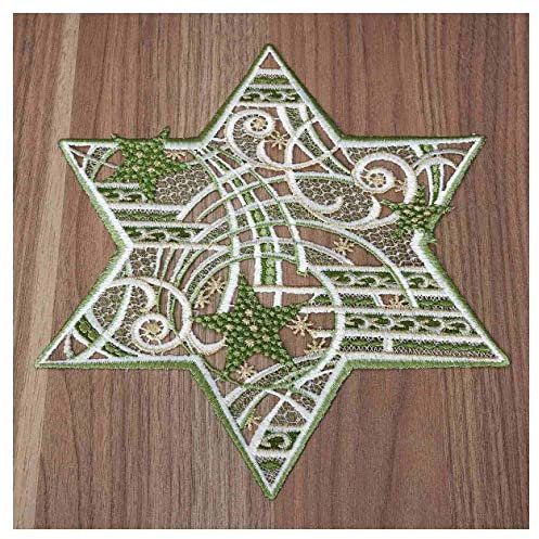 DSD Design-Studio Drechsler Winter-Tischdecke Sternenschweif Plauener Spitze modernes Deckchen Stern mit Mustern Tischdeko Weihnachten grün-Gold