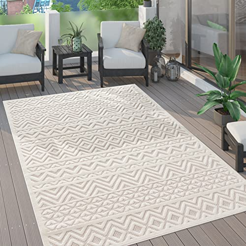 Paco Home Outdoor Teppich wetterfest & langlebig Moderne Boho-Designs mit 3D-Effekt Skandi-Look UV-beständig & robust für Balkon, Garten, Wohnzimmer & Küche, Grösse:200x280 cm, Farbe:Creme