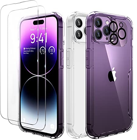 ORETECH Compatible with iPhone 14 Pro Max Case, [2 x 9H Tempered Glass Screen Protector & Camera Lens Protector] Shockproof Ultra Thin Transparent Bumper PC Hybrid Case - Clear