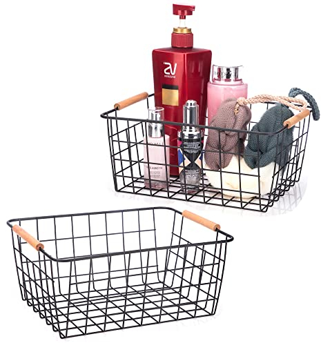 LeleCAT Drahtkörbe mit Holzgriffen, Drahtaufbewahrung, Organizer, Mülleimer, Speisekammer, Schränke, Schlafzimmer – Set von 2 (schwarz)