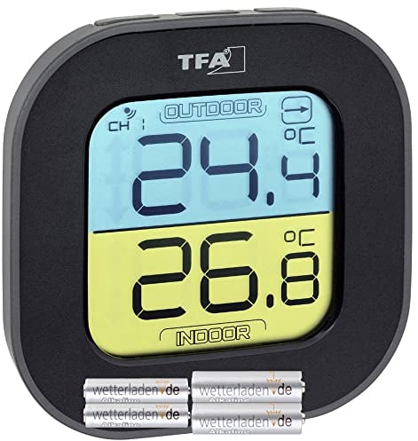 TFA Dostmann FUN Thermometer mit Aussensensor Funk, innen/aussen, digital, Tendenzpfeilen, schwarz, L95 x B45 x H165 mm, schwarz mit Batterien