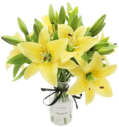 Künstliche Blumen 8 Stück künstliche Lilien mit 3 Knospen florale Kunst pflanzliche Blumen Latex Vollblume Real Touch für Heimdekoration Hochzeit Party Büro Restaurant (Gelb)