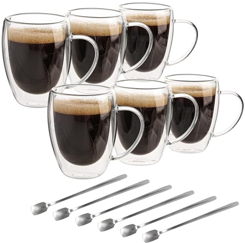 BELLE VOUS 6 Pack of Double Walled Glass Coffee Mugs - 350ml/12oz Cups with Handles - Insulated Heat-Resistant Borosilicate Glass Beverage Cups for Tea, Coffee, Cappuccino & Lattes