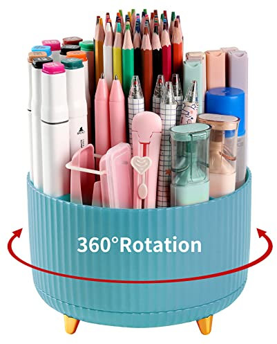 EDENMS Desk Pencil Pen Holder, 5 Slots 360°Degree Rotating Organizers for, Desktop Storage Stationery Supplies Organizer, Cute Cup Pot Office, School, Home, Art Supply, Blue
