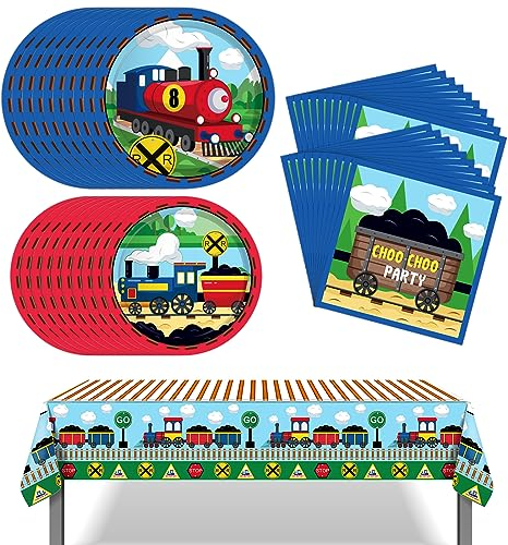 Train Birthday Party Supplies Set - Transportation Theme Tableware With Plates, Napkins, Tablecloth - Decorations for Kids' Train Party - Serves 16