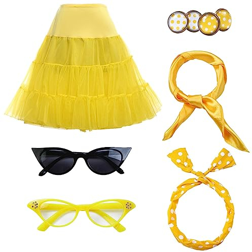 FAIRYRAIN Damen Halloween 50er Jahre Rockabilly 1950s Kostüm Accessoires Petticoat Unterrock, Bandana Haarband Ohrringe Handschuhe Katzenaugen Sonnenbrille Schal für Motoparty Retro Teily Party L