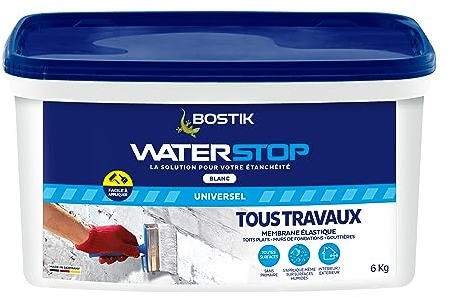 Bostik Waterstop - Membrane d'Étanchéité Toiture, Gouttières et Murs - Réparation Fuites, Infiltrations & Fissures - Résistant UV & Intempéries - Blanc - Seau 6 kg