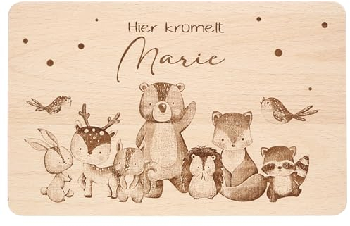 Personalisiertes Frühstücksbrettchen Holzbrett mit Gravur für Kinder | Individuelles Holzbrett | Motiv Waldtiere mit Namen