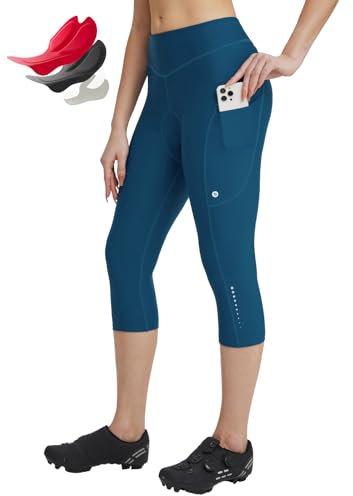 baleaf Damen Fahrradhose 4D Gepolstert Radfahren Caprihosen Hohe Taille Radfahren Fahrrad Polsterung Strumpfhose mit Taschen Blau XL