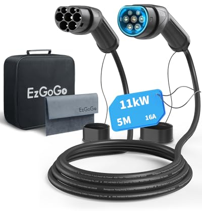 EzGoGo Typ 2 Ladekabel, 11 kW / 16A / 3-Phasig / 5 Meter/Modus 3, Typ 2 auf Typ 2 EV Ladekabel für Elektroauto mit Tragetasche und Mikrofasertuch