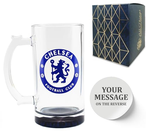 Personalised Engraved Chelsea Beer Mug, Made with Official Chelsea F.C. Stein Glass, Gift Boxed, 425ml or 15oz Capacity, Football Beer Glass, Customise with Any Message