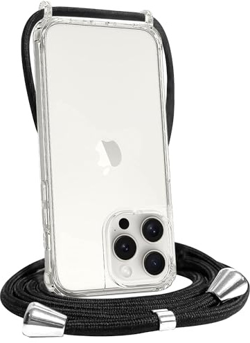 FOQENCCI Crossbody Phone Case for iPhone 15 Pro Max Clear Case with Adjustable Black Lanyard Strap,Crystal Clear Soft TPU + Hard PC Anti-Scratch Mil-grade Protection Bumper Cover for iPhone 15 Pro Max