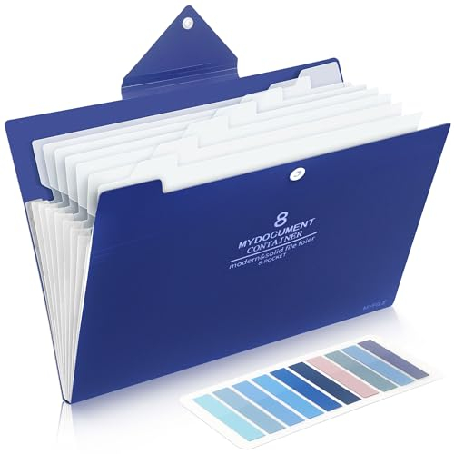 Dokumentenmappe A4, Fächermappe A4 mit 200-Etiketten, 8-Fächer Mappe A4s, Sammelmappe A4s mit Druckknopf für Zuhause, Büro, Schule Und Auf Reisen (Blau)