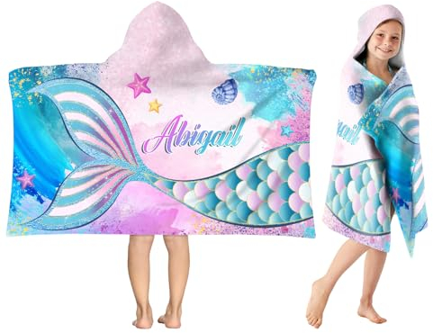 SearchI Meerjungfrau Kinder Kapuzen Strandtücher Personalisierte, Schnelltrocknend Kinder Poncho mit Kapuze Weich Badetücher Badehandtuch Handtücher Mädchen für Strand Bad Schwimmbad-76x127cm