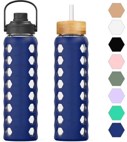 HYDRAGLAZIC Botella de agua de cristal de 950 ml con pajita y tapa, botella de cristal con asa, manguito de silicona con indicador de tiempo y agua, sin BPA, azul oscuro
