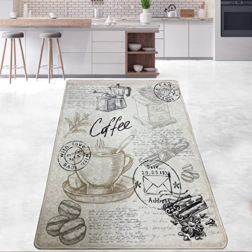 miqna Teppich Moderner Küchenteppich Gel Läufer Küchenläufer Grau Weiß Schwarz mit rutschfestem Bodenmuster mit Schriftzug Coffee Macchiato (Core, 120 x 180 cm)