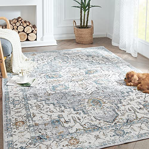 TOPICK Teppich Bunt 120x180cm Area Rugs,Antirutsch Waschbare Teppich Groß,Wohnzimmer Flur Küchenläufer Orientalische Blumendruck Teppich für Schlafzimmer Küche Badezimmer Esszimmer Grau/Blau