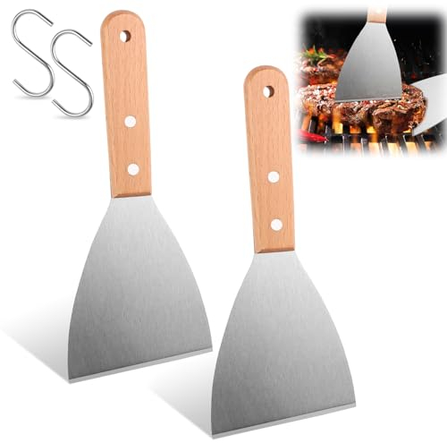 VMUTGA 2 Pièces Spatule Plancha, Spatule Cuisine en Acier Inoxydable Spatule à Manche en Bois INOX Spatule Barbecue Spatule Pizza Accessoires Plancha pour Teppanyaki Gril Barbecue Hamburgers Crêpes