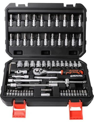 REALTEK Set Chiavi a Bussola, Chiavi a Cricchetto 1/4'' 66 Pezzi, 72 denti, Cr-V, Adatto per Lavori su Biciclette e Automobili le riparazioni