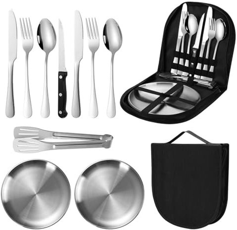 Camping Accessoires,Couverts Camping,Popote Bivouac,Assiette INOX,Cuillère Fourchette Couteau,10 Pcs Set INOX Eté Vaisselle Camping Ensemble de Vaisselle pour la Randonnée, l'escalade, Le Plein Air